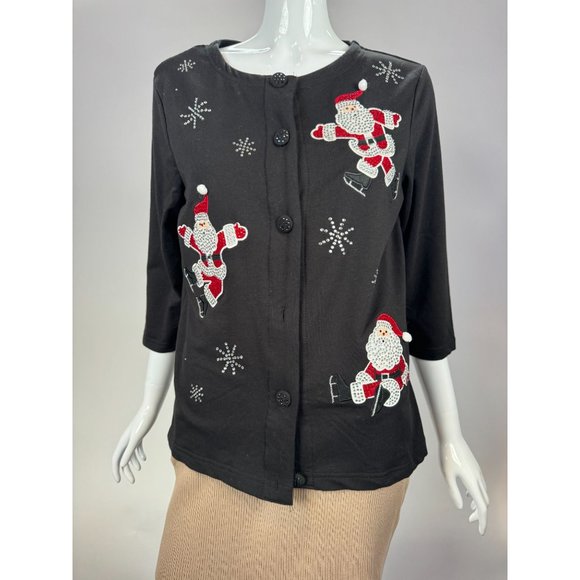 Onque Casual Vintage Skating Santa Cardigan Small Black Cotton Missing Button - Picture 10 of 16
